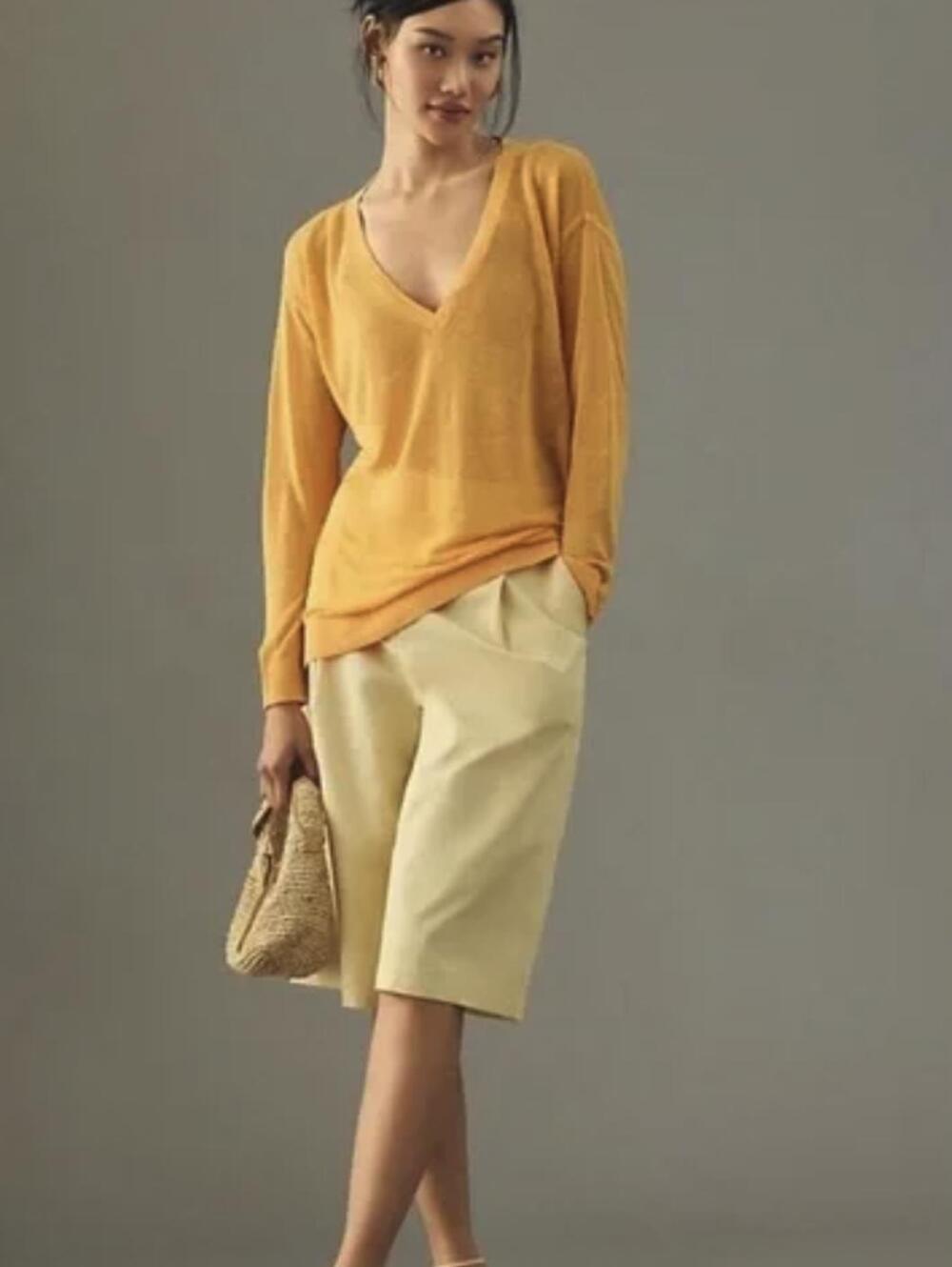 Maeve by Anthropologie Orange Oversized Linen V-Neck Sweater - Size - Medium